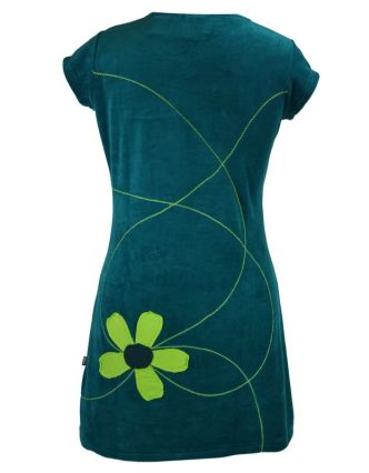 Krátké sametové petrolejové šaty s krátkým rukávem, aplikace barevné květiny