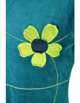 Krátké sametové petrolejové šaty s krátkým rukávem, aplikace barevné květiny