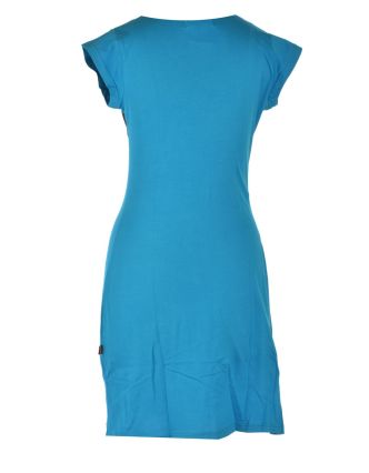 Krátké tyrkysové šaty s fialovo-šedými aplikacemi Chakra, V výstřih