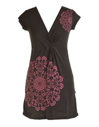 Krátké černo-růžové šaty s potiskem mandaly, krátký rukáv, V výstřih