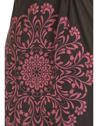 Krátké černo-růžové šaty s potiskem mandaly, krátký rukáv, V výstřih