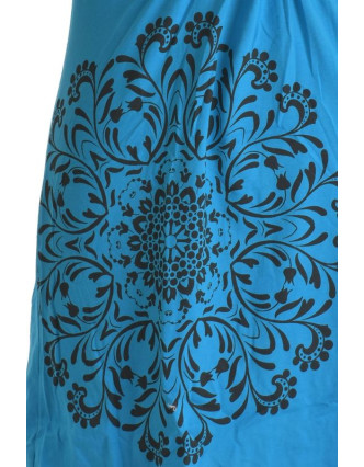 Krátké tyrkysové šaty s potiskem mandaly, krátký rukáv, V výstřih