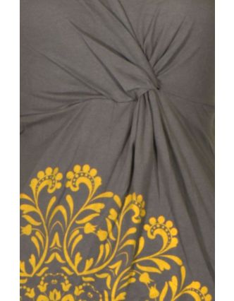 Krátké šedo-žluté šaty s potiskem mandaly, krátký rukáv, V výstřih