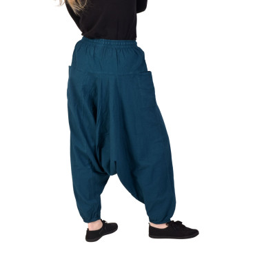 Turecké petrolejově modré kalhoty, unisex, kapsy, šňůrka a guma v pase