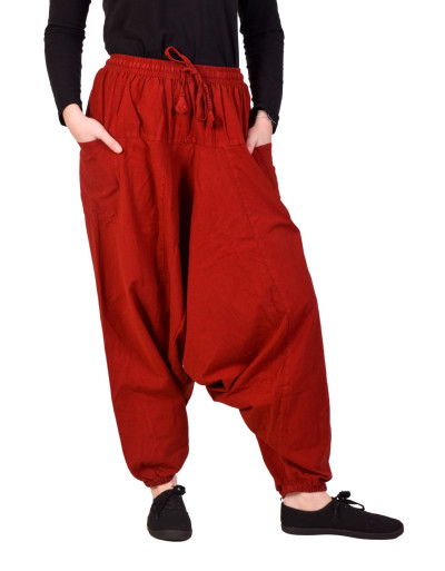 Turecké červené kalhoty, unisex, kapsy, šňůrka a guma v pase