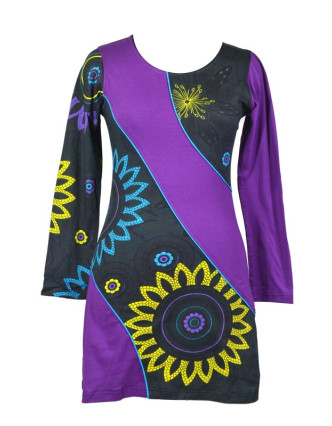 Černo fialové šaty s dlouhým rukávem "Flower Mandala", barevný potisk