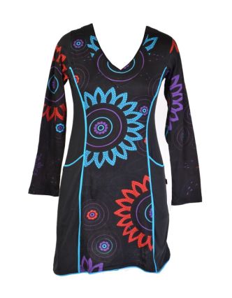 Černo-tyrkysové šaty s dlouhým rukávem, Flower Mandala potisk, kapsy