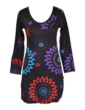 Černo-tyrkysové šaty s dlouhým rukávem, Flower Mandala potisk, kulatý výstřih