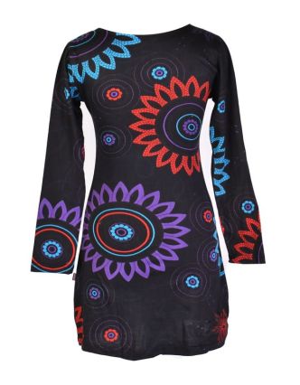 Černo-tyrkysové šaty s dlouhým rukávem, Flower Mandala potisk, kulatý výstřih