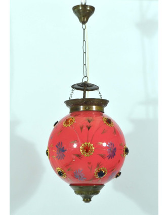 Kulatá skleněná lampa zdobená barevnými kameny, růžová, ruční práce, 25x35cm