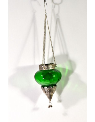 Závěsný skleněný svícen, zelený, kovové zdobení, 10x10cm