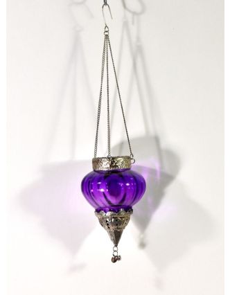 Závěsný skleněný svícen, fialový, kovové zdobení, 10x10cm