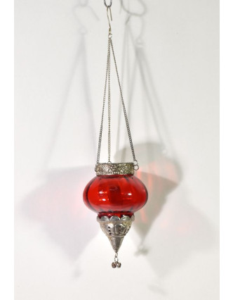 Závěsný skleněný svícen, červený, kovové zdobení, 10x10cm