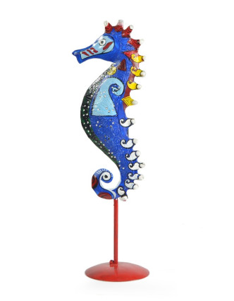 Ručně malovaný svícen mořský koník - modrý, tepaný kov, malý, 8x8x29cm