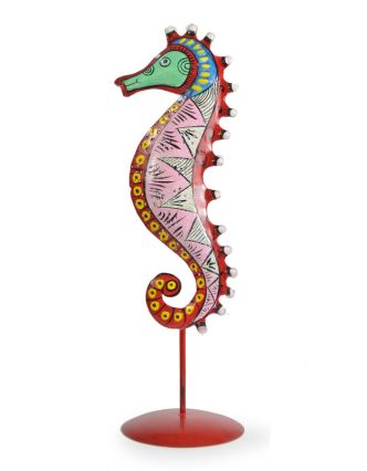 Ručně malovaný svícen mořský koník - růžový, tepaný kov, střední 10x10x36cm