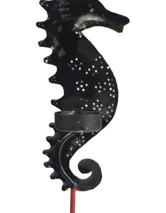 Ručně malovaný svícen mořský koník - khaki/čer., tepaný kov, velký 13x13x43cm