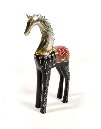 Soška koně, dřevěná, ručně malovaná, kovová hlava, černá, 15x34cm