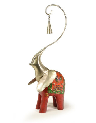 Soška slona, dřevěná, ručně malovaná, kovová hlava se zvonečkem, 17x46cm