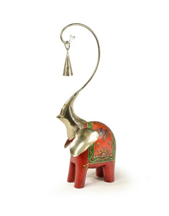 Soška slona, dřevěná, ručně malovaná, kovová hlava se zvonečkem, 15x42cm