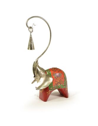 Soška slona, dřevěná, ručně malovaná, kovová hlava se zvonečkem, 14x32cm
