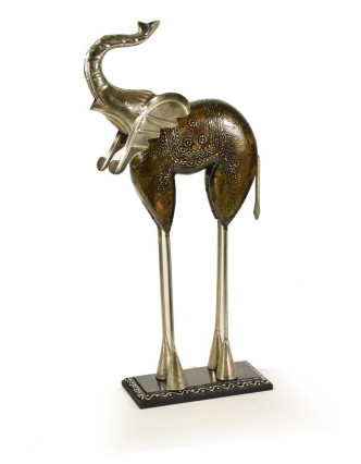 Soška slona, ručně malovaná, dřevo a tepaný kov, 23x49cm