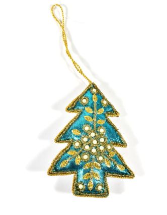 Vánoční ozdoba, stromeček, tyrkysový, bohatě zlatě zdobená, cca 11x8cm