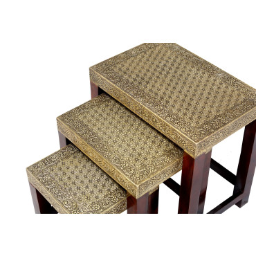 Set 3 stoliček z mangového dřeva, zdobené mosazí, 46x30x46cm