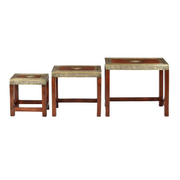 Set 3 stoliček z mangového dřeva, zdobené mosazí, 61x36x53cm