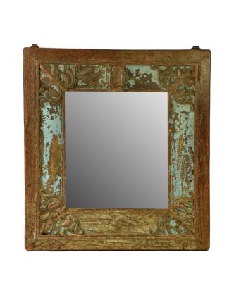 Zrcadlo ve vyřezávaném rámu z antik teakového dřeva, tyrkysová patina 68x73x5cm
