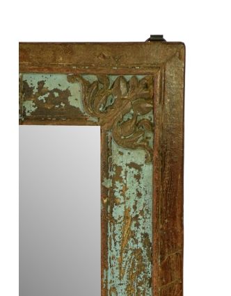 Zrcadlo ve vyřezávaném rámu z antik teakového dřeva, tyrkysová patina 68x73x5cm