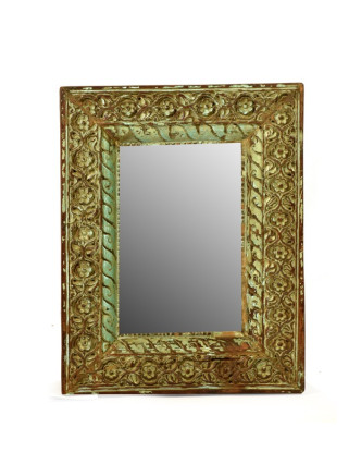 Zrcadlo ve vyřezávaném rámu z antik teakového dřeva, tyrkysová patina 41x52x6cm