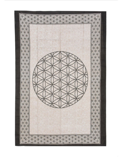 Přehoz na postel s potiskem květ života, béžový a černý tisk, 140x202cm