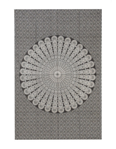 Přehoz na postel s potiskem mandala paví pera, béžový a černý tisk, 140x202cm