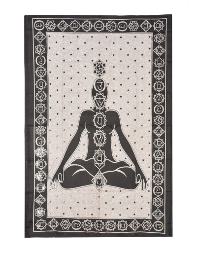 Přehoz na postel s potiskem čakry, béžový a černý tisk, 140x202cm