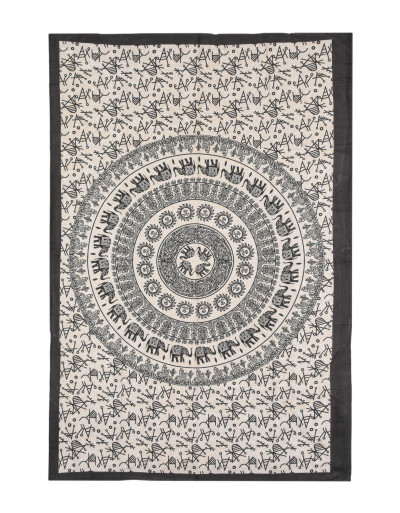 Přehoz na postel s potiskem sloní mandala, béžový a černý tisk, 140x202cm