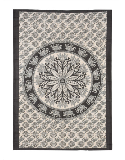 Přehoz na postel s potiskem mandala listy, béžový a černý tisk, 140x202cm