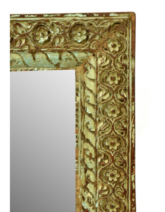 Zrcadlo ve vyřezávaném rámu z antik teakového dřeva, tyrkysová patina 41x52x6cm