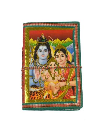 Zdobený notes se Šivou, Parvati a Ganeshou, červený, rýžový papír, vázání,15x9,5