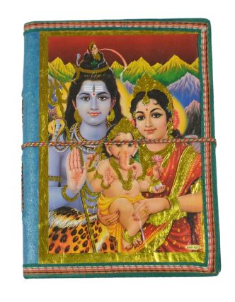 Zdobený notes se Šivou, Parvati a Ganeshou, tyrkys., rýžový papír, 19,5x14,5cm