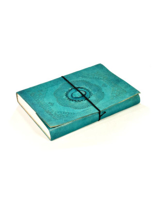 Notes v tyrkysové kožené vazbě s ozdobným kamenem, ruční papír,  25x18cm