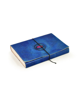 Notes v modré kožené vazbě s ozdobným kamenem, ruční papír,  25x18cm