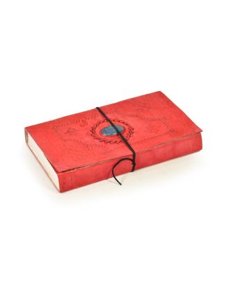 Notes v červené kožené vazbě s ozdobným kamenem, ruční papír, 14x23cm