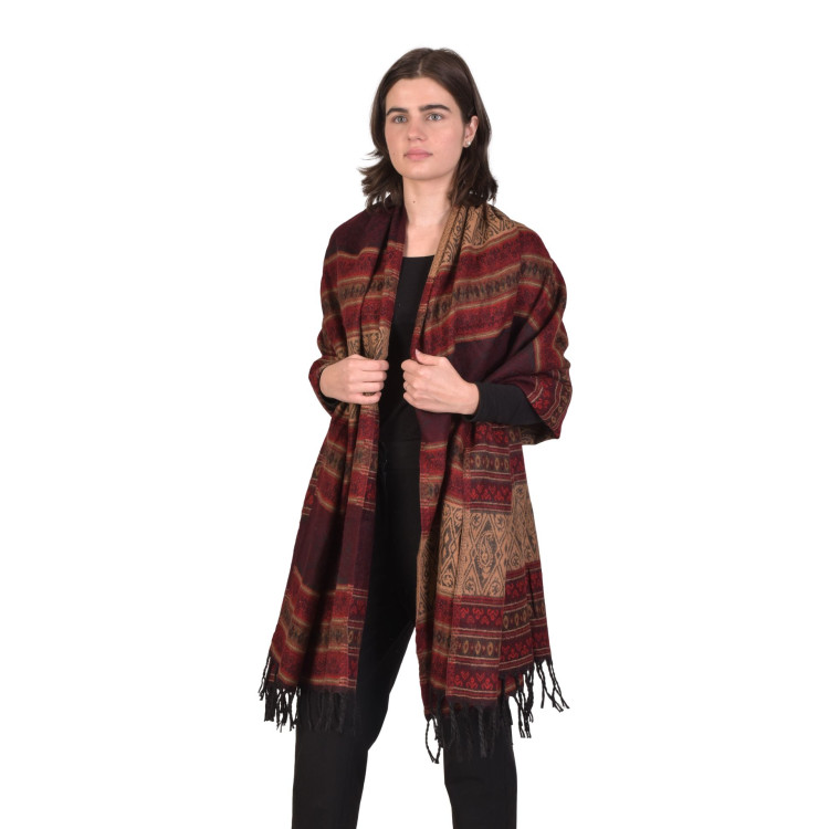 Velký zimní šál s paisley vzorem a třásněmi, hnědo-vínový 200x95cm