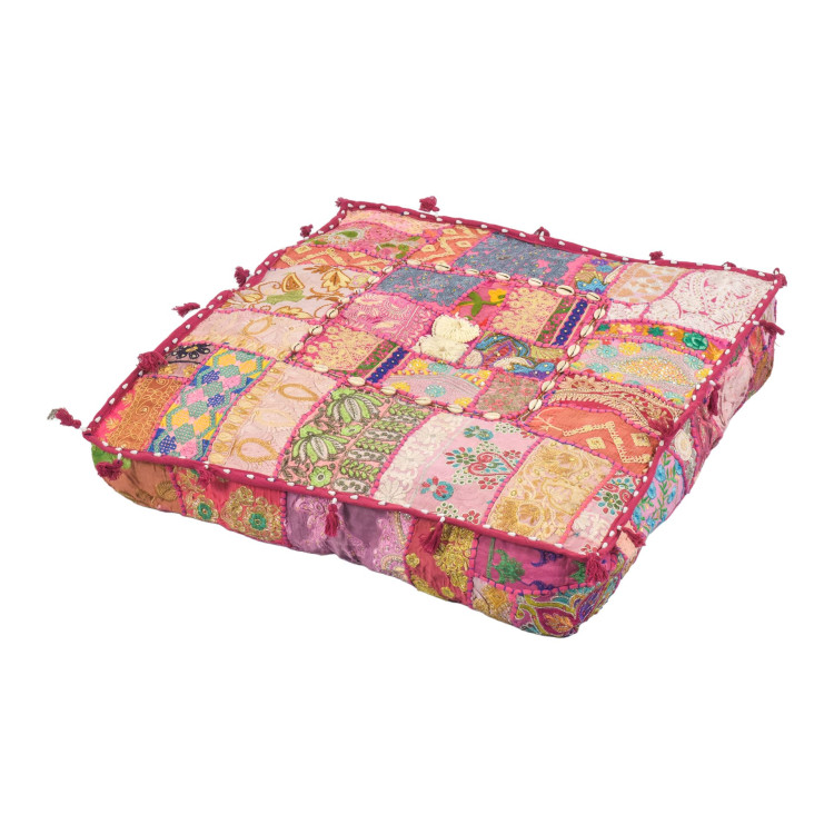 Meditační polštář ručně vyšívaný patchwork, s mušličkami, čtverec, 60x60x10cm