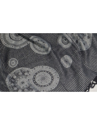Šátek, kolečkový design, šedý, třásně, viskóza, 170x75cm