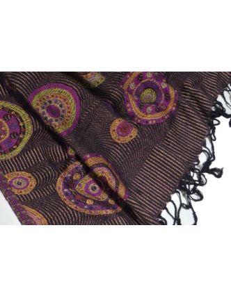 Šátek, kolečkový design, černo-fialové, třásně, viskóza, 170x75cm