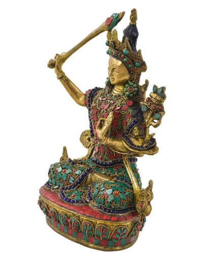 Maňdžušrí, mosazná socha zdobená polodrahokamy, 31cm