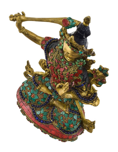 Maňdžušrí, mosazná socha zdobená polodrahokamy, 31cm