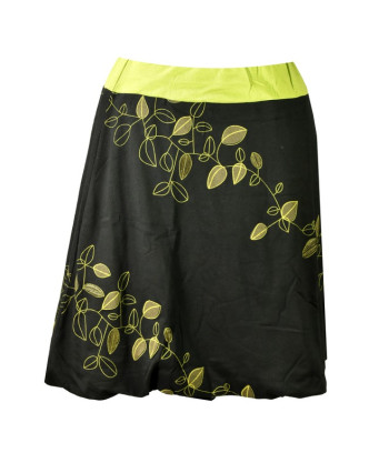 Krátká černá balonová sukně, "Leaves" design, zelený potisk a výšivka