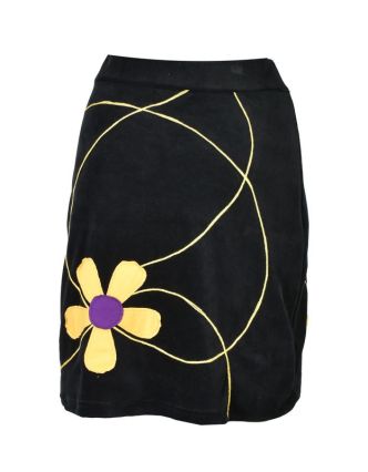 Krátká černá sametová sukně, aplikace barevné květiny